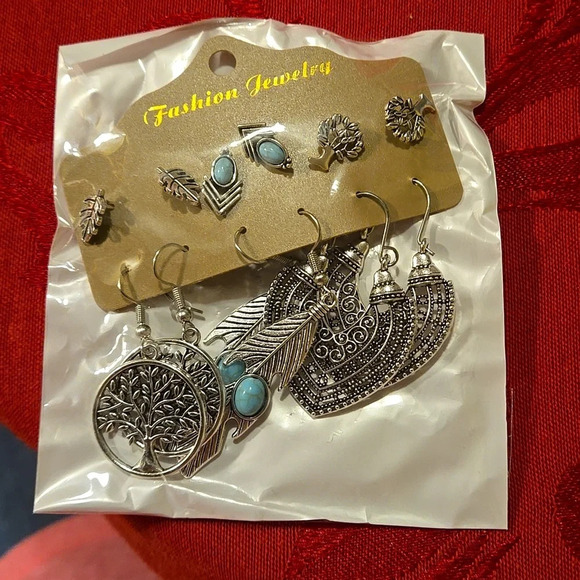 Southwestern Earring 6 pairs Set - Turquoise Inlaid Studs & Dangles - Picture 2 of 6